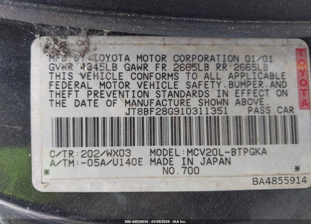 2001 LEXUS ES 300 VIN: JT8BF28G910311351