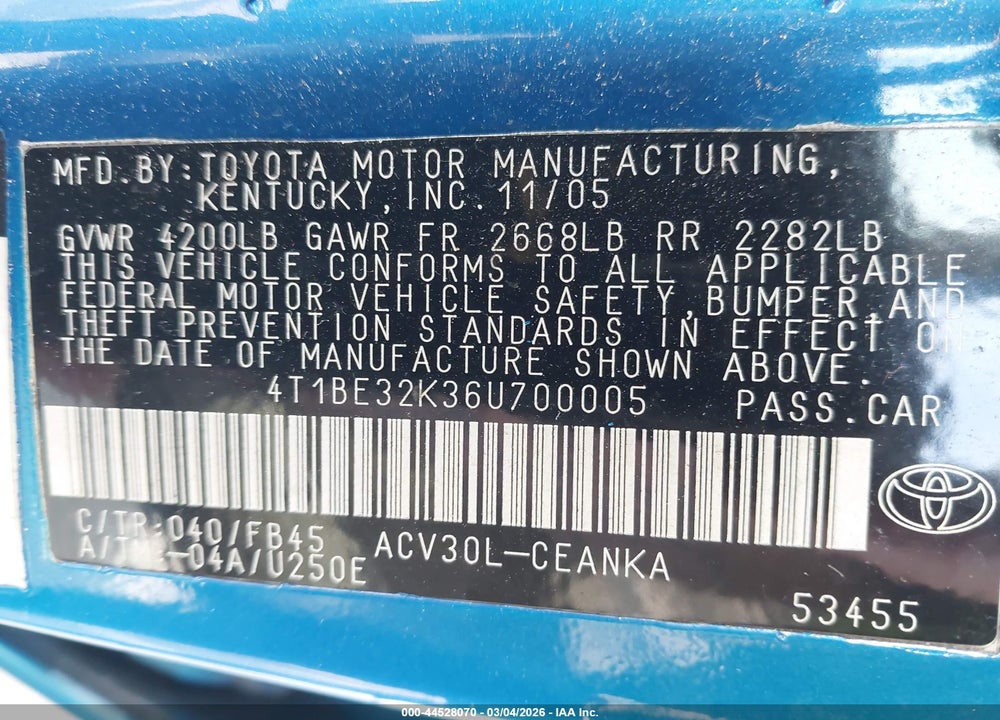 2006 TOYOTA CAMRY LE VIN: 4T1BE32K36U700005