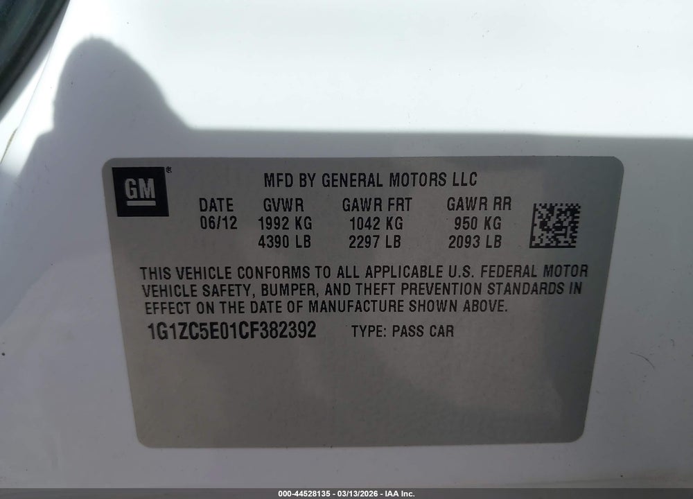 2012 CHEVROLET MALIBU 1LT VIN: 1G1ZC5E01CF382392