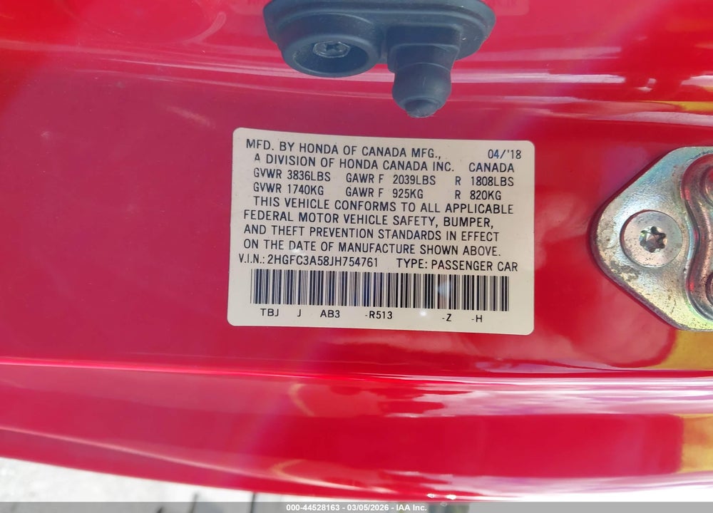 2018 HONDA CIVIC SI VIN: 2HGFC3A58JH754761