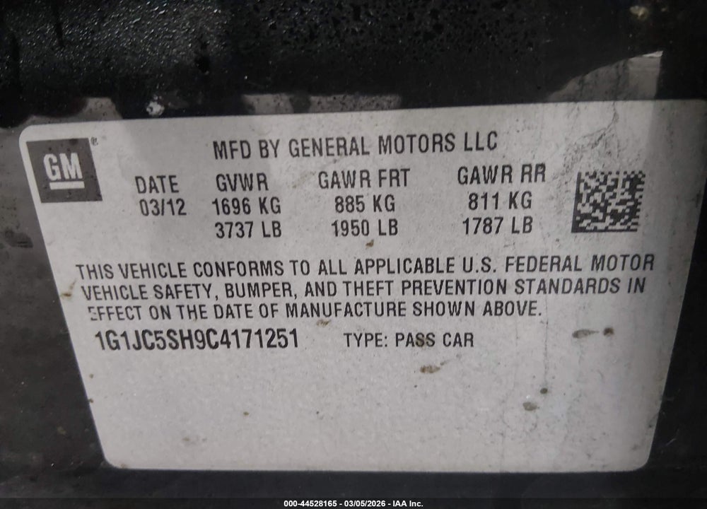 2012 CHEVROLET SONIC 2LT VIN: 1G1JC5SH9C4171251