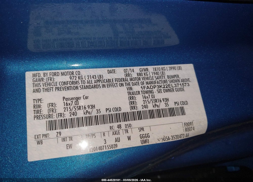 2014 FORD FOCUS SE VIN: 1FADP3K22EL371573