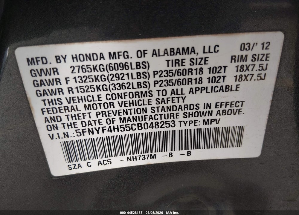 2012 HONDA PILOT EX-L VIN: 5FNYF4H55CB048253