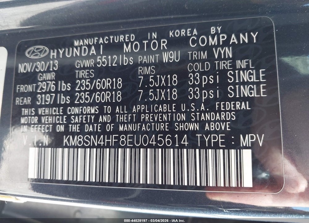 2014 HYUNDAI SANTA FE GLS VIN: KM8SN4HF8EU045614
