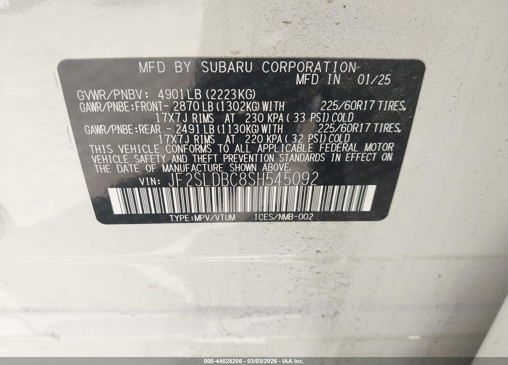 2025 SUBARU FORESTER PREMIUM VIN: JF2SLDBC8SH545092