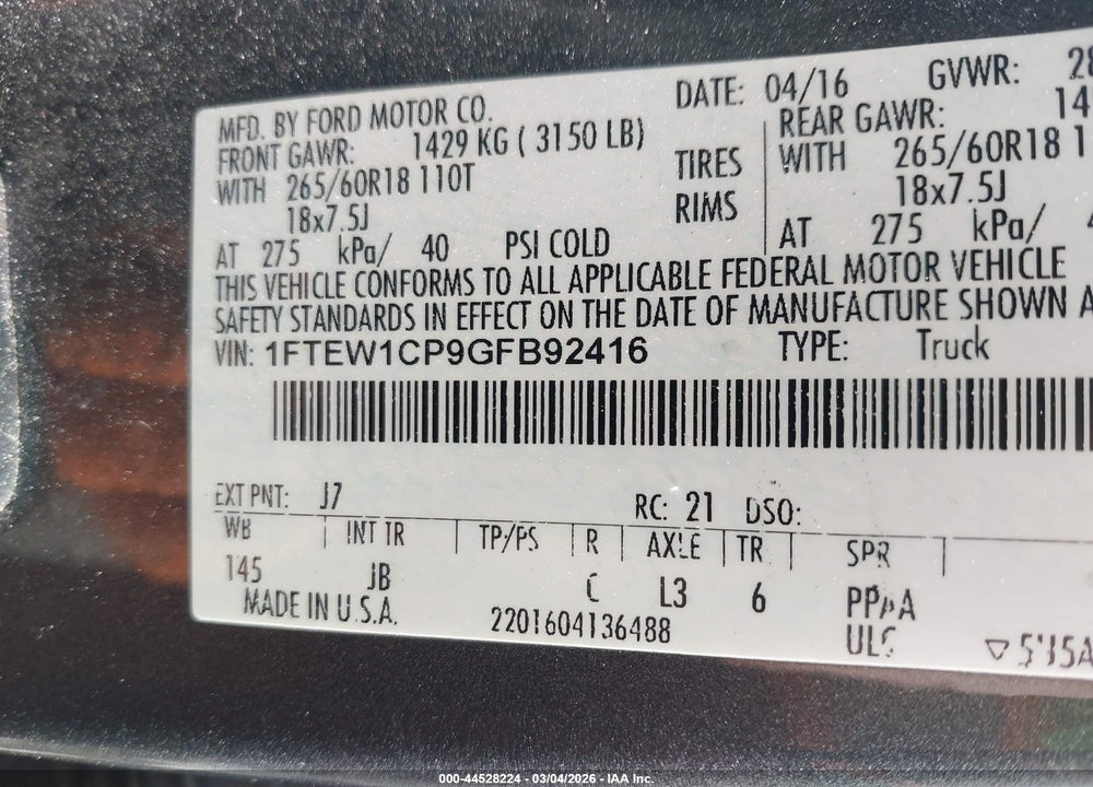 2016 FORD F-150 XLT VIN: 1FTEW1CP9GFB92416