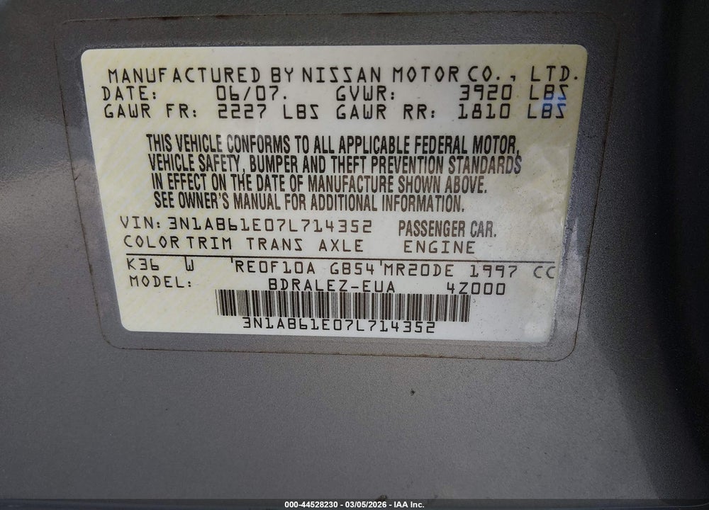 2007 NISSAN SENTRA 2.0S VIN: 3N1AB61E07L714352