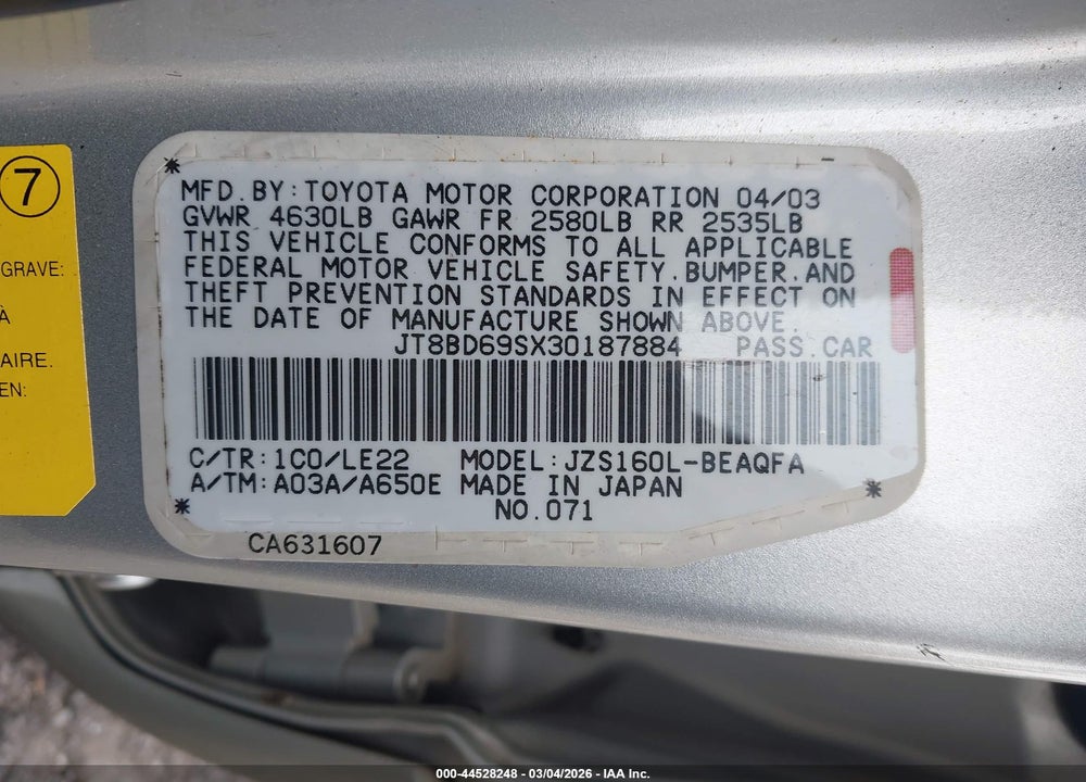 2003 LEXUS GS 300 VIN: JT8BD69SX30187884