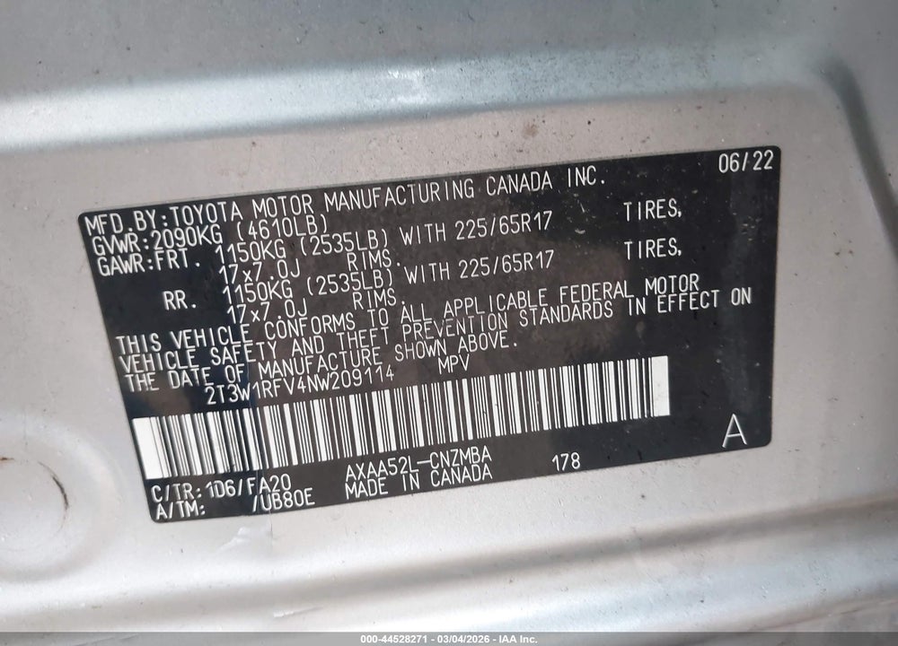 2022 TOYOTA RAV4 XLE VIN: 2T3W1RFV4NW209114