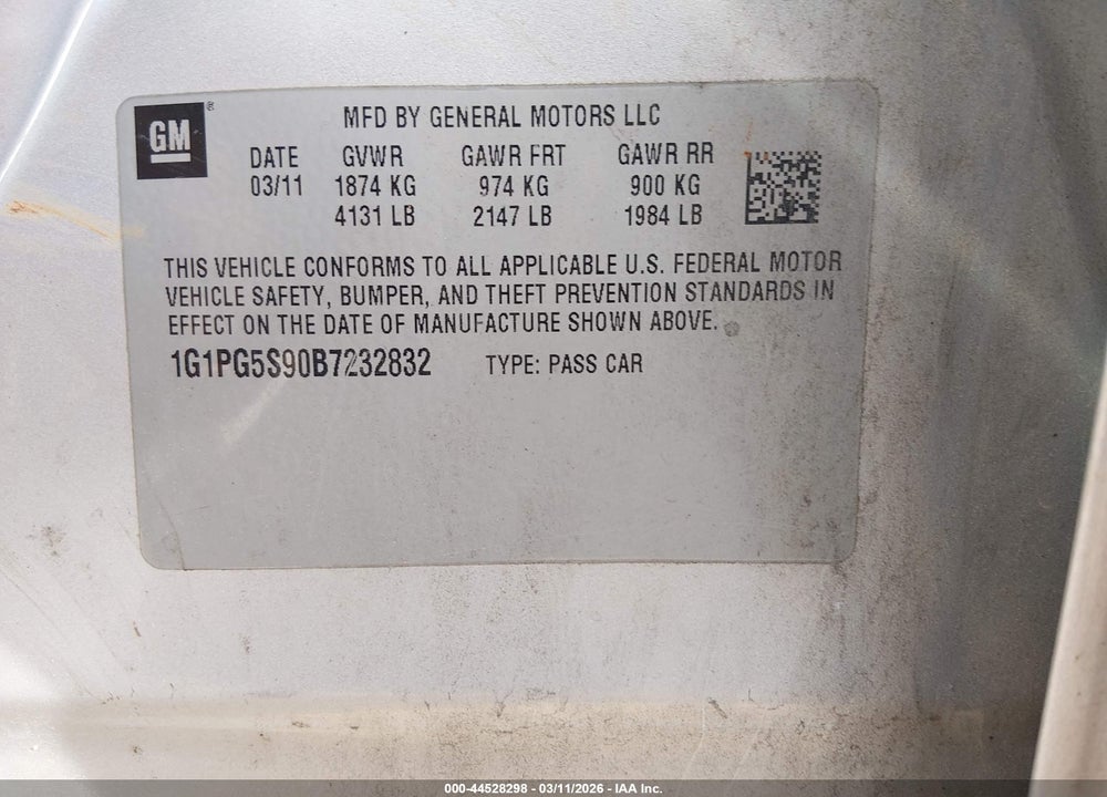 2011 CHEVROLET CRUZE 2LT VIN: 1G1PG5S90B7232832