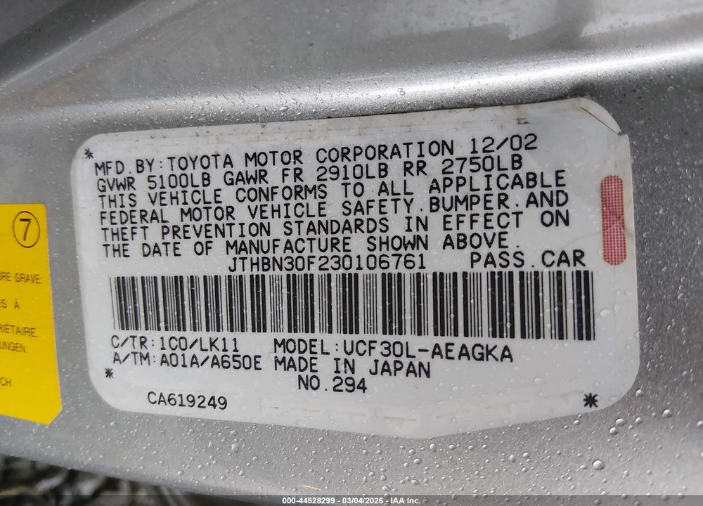 2003 LEXUS LS 430 VIN: JTHBN30F230106761