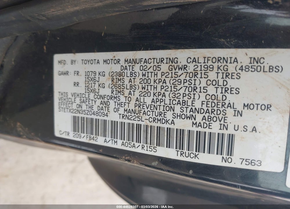 2005 TOYOTA TACOMA VIN: 5TETX22N35Z048094