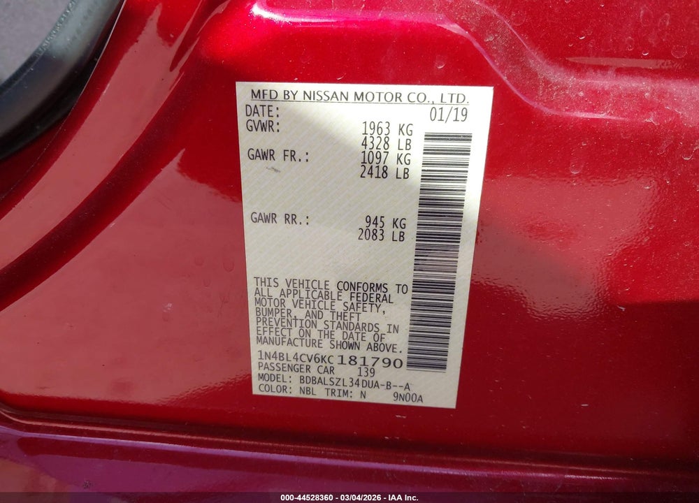 2019 NISSAN ALTIMA 2.5 SR VIN: 1N4BL4CV6KC181790
