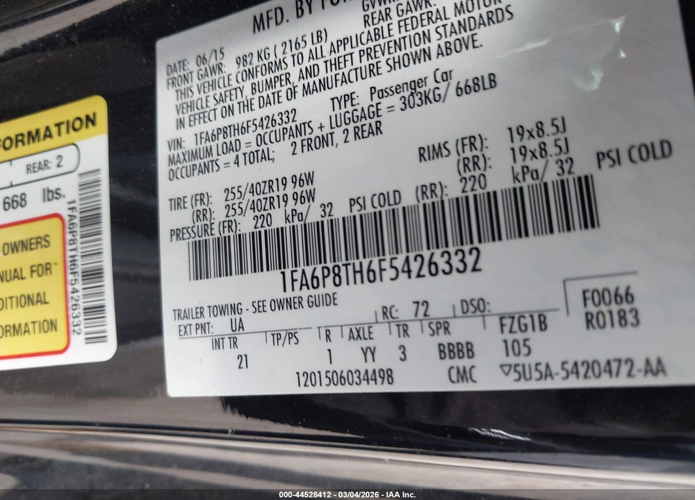 2015 FORD MUSTANG ECOBOOST VIN: 1FA6P8TH6F5426332