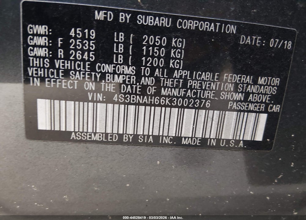 2019 SUBARU LEGACY 2.5I PREMIUM VIN: 4S3BNAH66K3002376