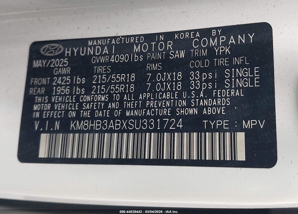 2025 HYUNDAI KONA SEL VIN: KM8HB3ABXSU331724