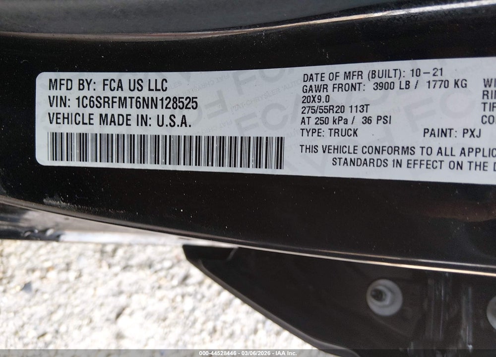 2022 RAM 1500 BIG HORN  4X4 6'4 BOX VIN: 1C6SRFMT6NN128525