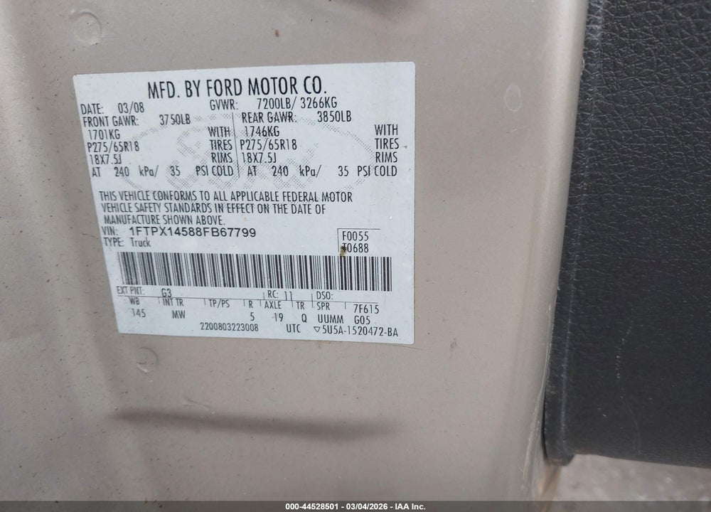 2008 FORD F-150 FX4/LARIAT/XL/XLT VIN: 1FTPX14588FB67799