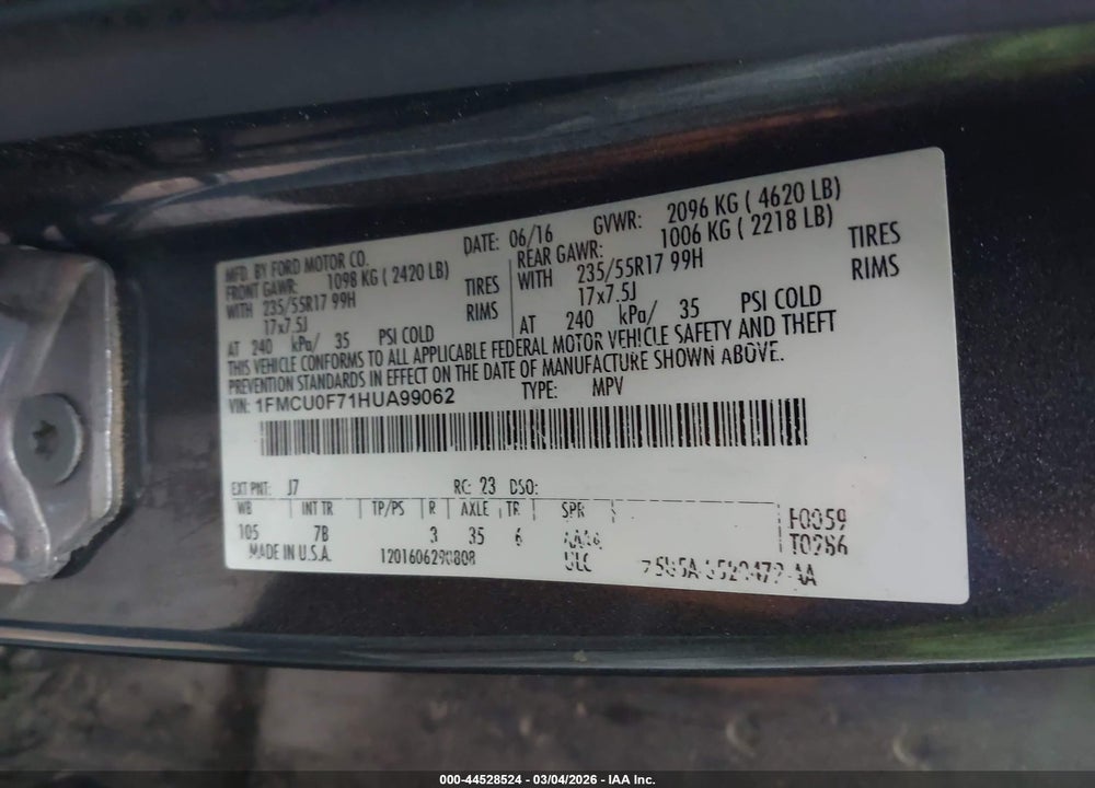 2017 FORD ESCAPE S VIN: 1FMCU0F71HUA99062