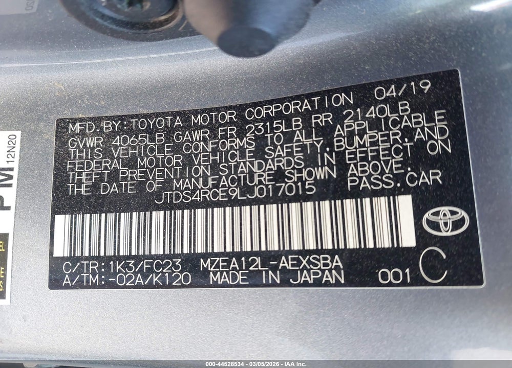 2020 TOYOTA COROLLA SE VIN: JTDS4RCE9LJ017015