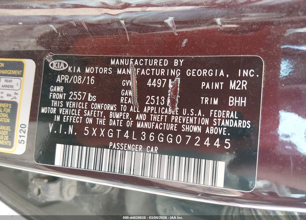 2016 KIA OPTIMA LX VIN: 5XXGT4L36GG072445
