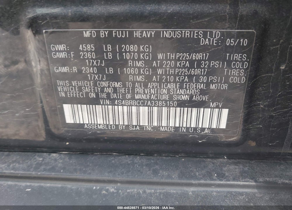 2010 SUBARU OUTBACK 2.5I PREMIUM VIN: 4S4BRBCC7A3385150
