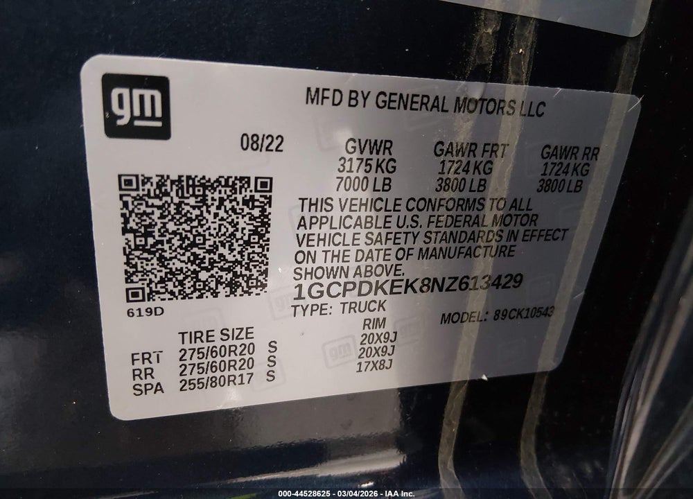 2022 CHEVROLET SILVERADO 1500 4WD  SHORT BED LT WITH 2FL VIN: 1GCPDKEK8NZ613429