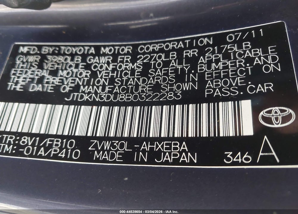 2011 TOYOTA PRIUS TWO VIN: JTDKN3DU8B0322283