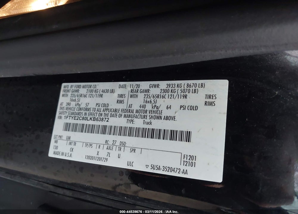2020 FORD TRANSIT-150 VIN: 1FTYE2C80LKB63872