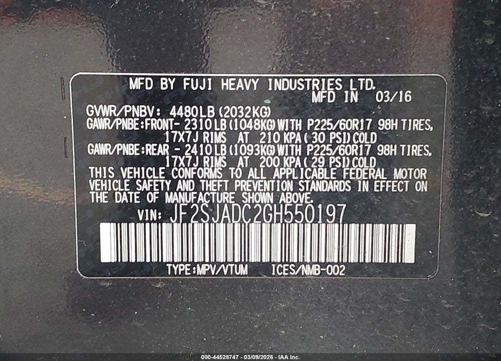 2016 SUBARU FORESTER 2.5I PREMIUM VIN: JF2SJADC2GH550197