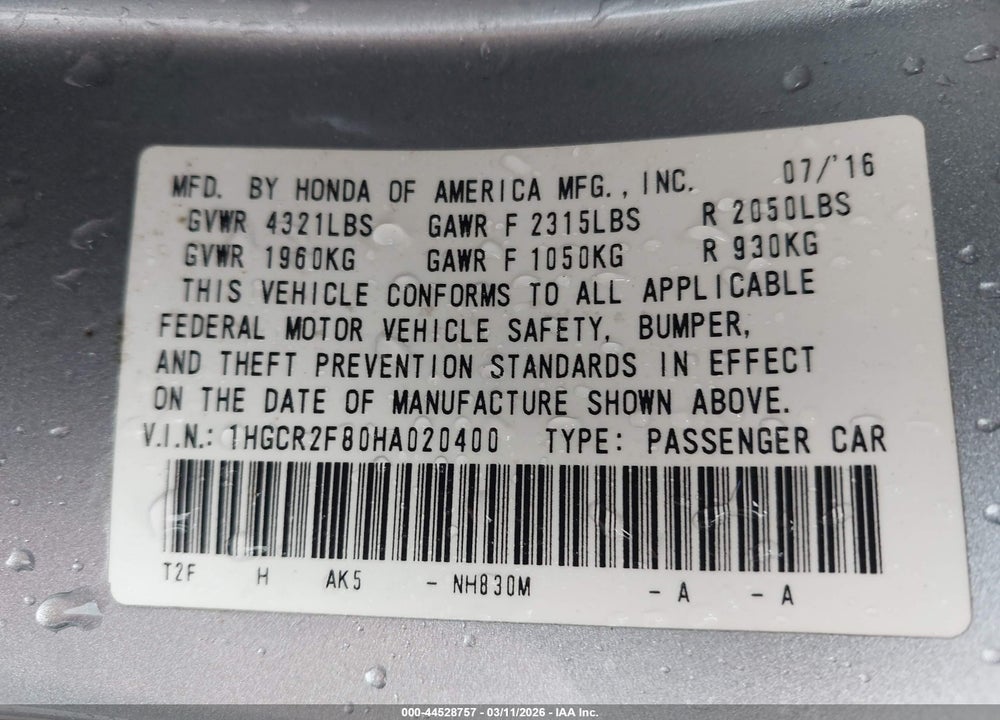 2017 HONDA ACCORD EX-L VIN: 1HGCR2F80HA020400
