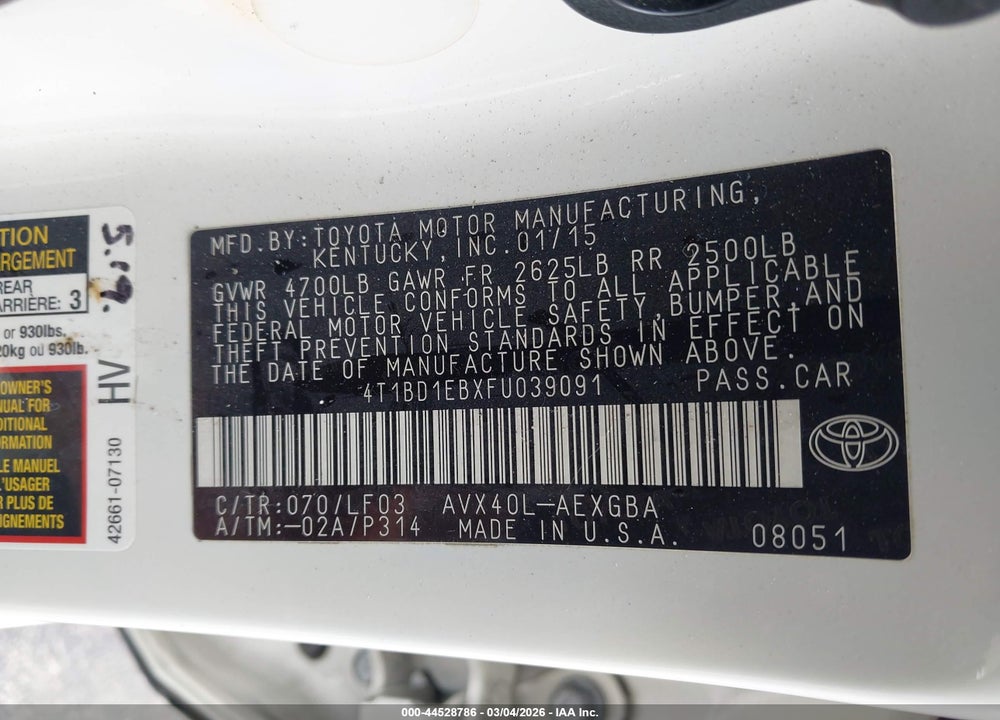 2015 TOYOTA AVALON HYBRID XLE PREMIUM VIN: 4T1BD1EBXFU039091