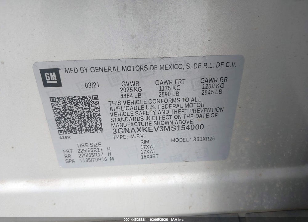 2021 CHEVROLET EQUINOX FWD LT VIN: 3GNAXKEV3MS154000