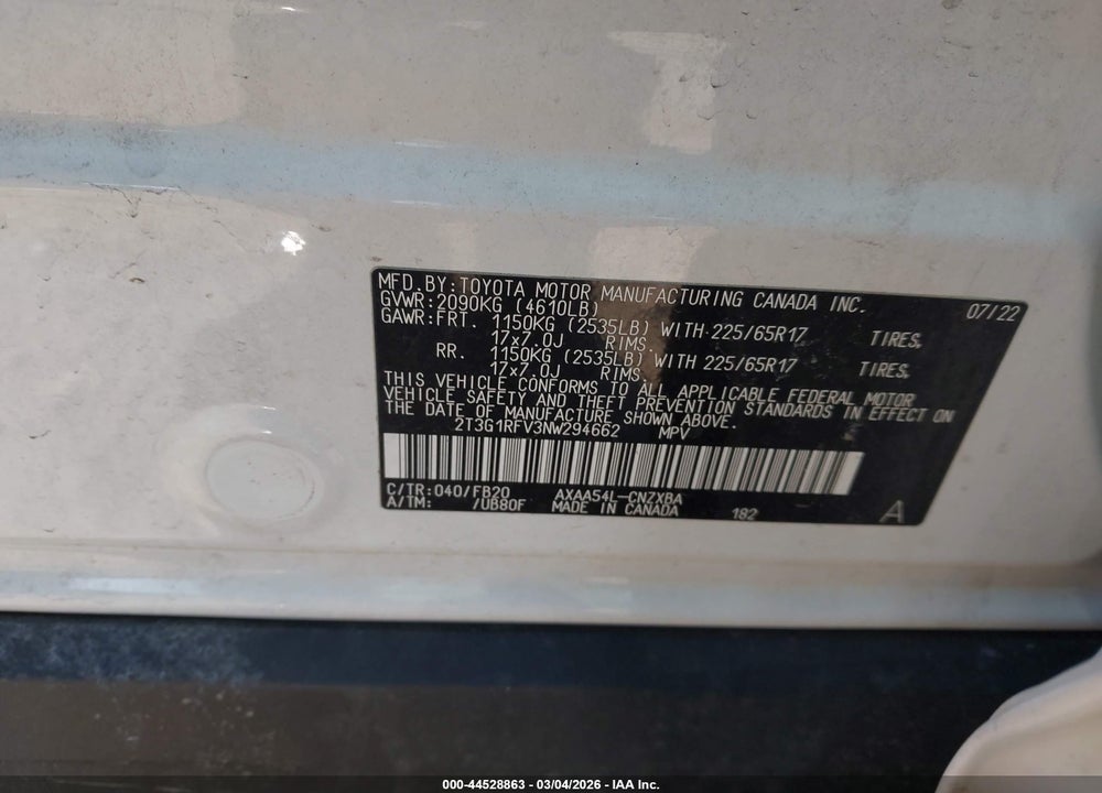 2022 TOYOTA RAV4 LE VIN: 2T3G1RFV3NW294662