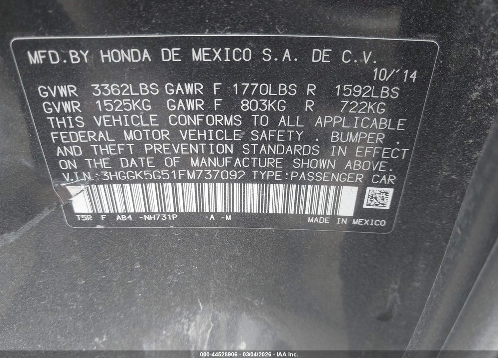 2015 HONDA FIT LX VIN: 3HGGK5G51FM737092