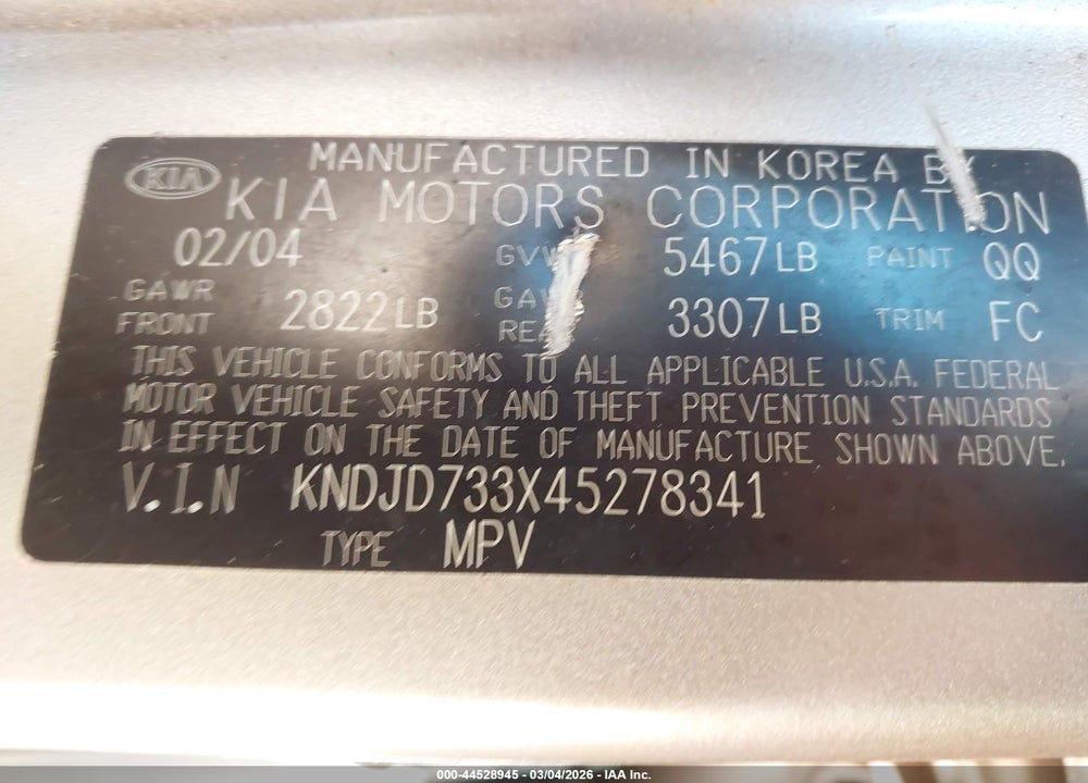 2004 KIA SORENTO EX/LX VIN: KNDJD733X45278341