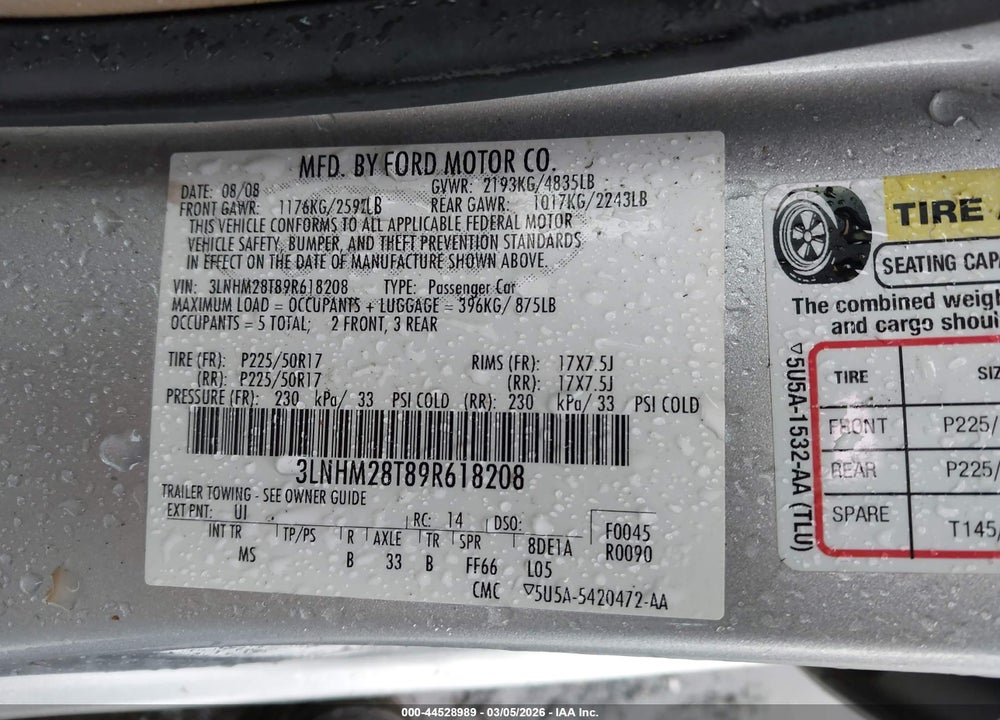 2009 LINCOLN MKZ VIN: 3LNHM28T89R618208