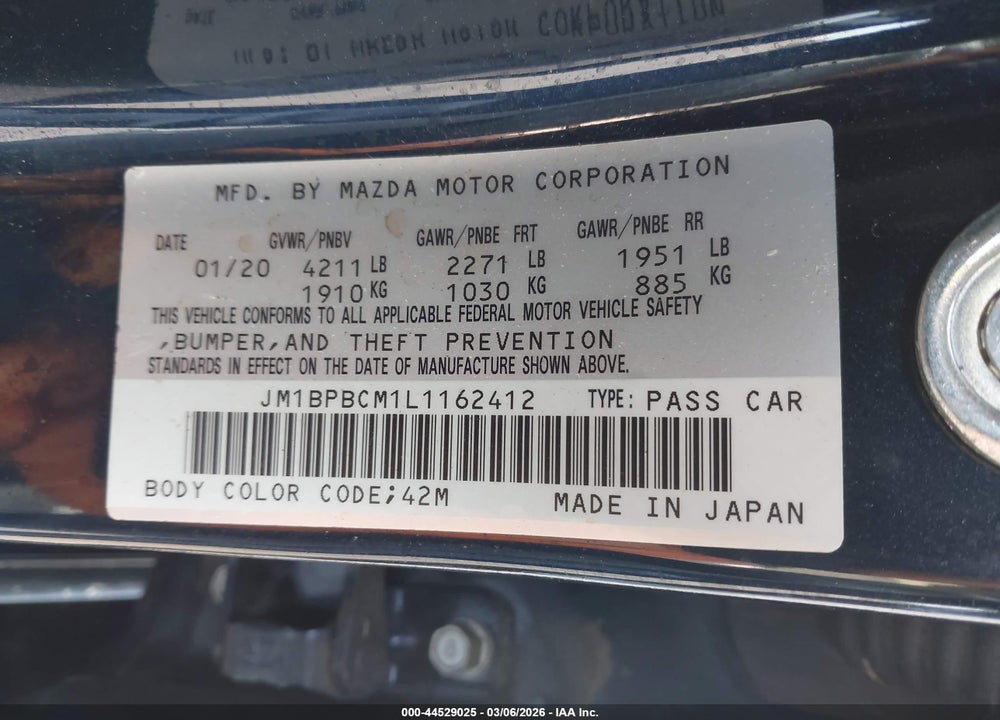 2020 MAZDA 3 SELECT PACKAGE VIN: JM1BPBCM1L1162412