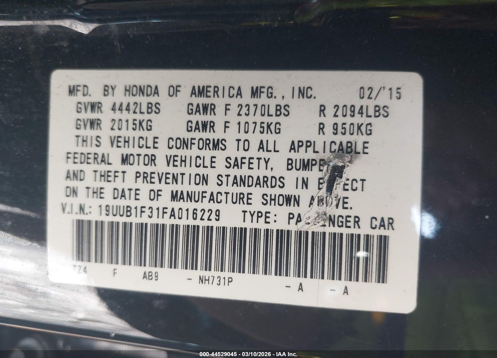 2015 ACURA TLX VIN: 19UUB1F31FA016229