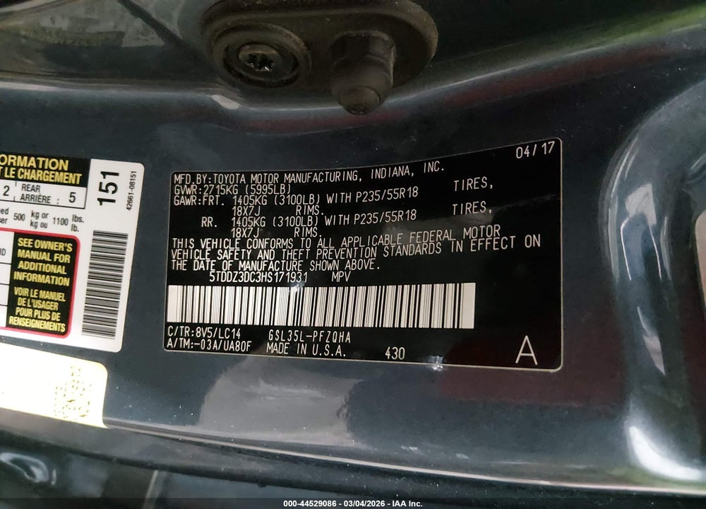2017 TOYOTA SIENNA XLE 7 PASSENGER VIN: 5TDDZ3DC3HS171931