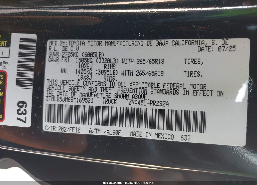 2025 TOYOTA TACOMA SR5 VIN: 3TMLB5JN6SM169521