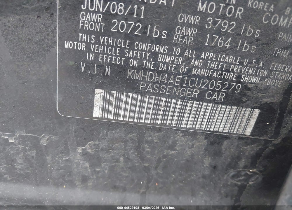 2012 HYUNDAI ELANTRA LIMITED (ULSAN PLANT) VIN: KMHDH4AE1CU205279