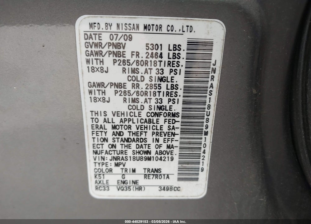 2009 INFINITI FX35 VIN: JNRAS18U89M104219