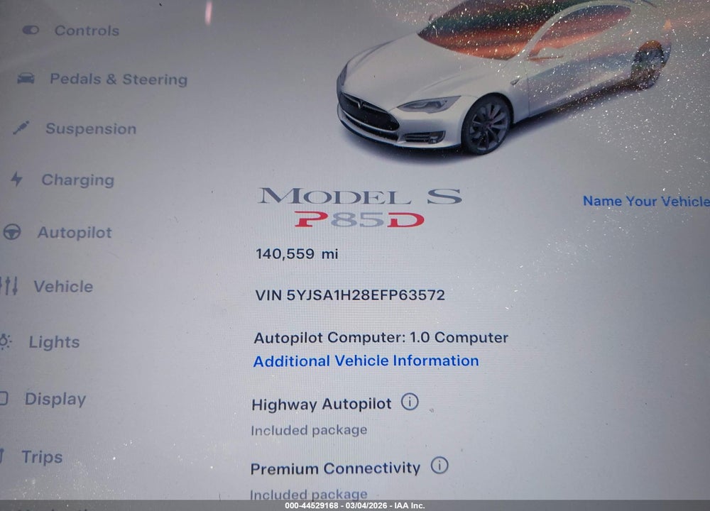 2014 TESLA MODEL S P85D VIN: 5YJSA1H28EFP63572