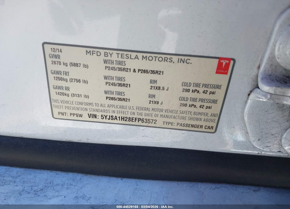 2014 TESLA MODEL S P85D VIN: 5YJSA1H28EFP63572