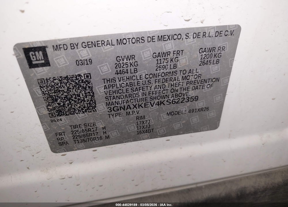 2019 CHEVROLET EQUINOX LT VIN: 3GNAXKEV4KS622359