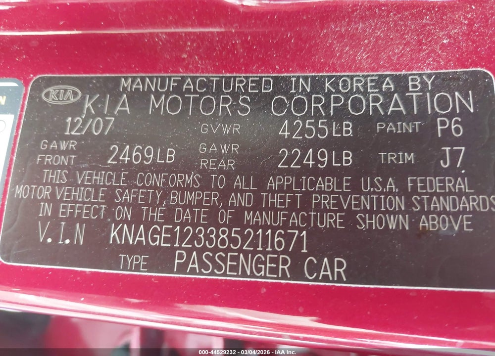 2008 KIA OPTIMA LX VIN: KNAGE123385211671
