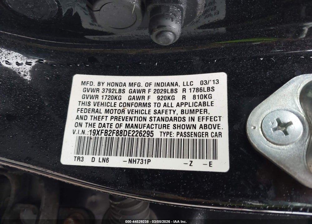 2013 HONDA CIVIC EX VIN: 19XFB2F88DE226295
