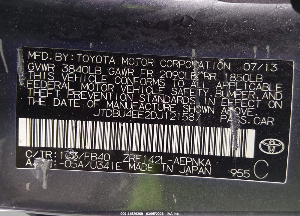 2013 TOYOTA COROLLA LE VIN: JTDBU4EE2DJ121587