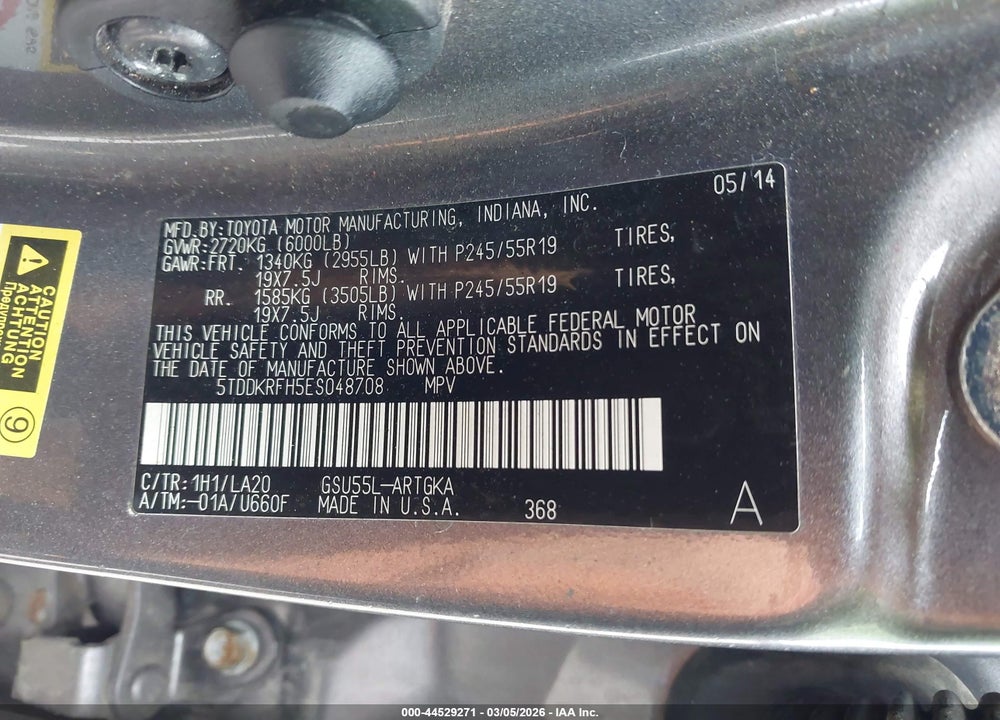 2014 TOYOTA HIGHLANDER LIMITED PLATINUM V6 VIN: 5TDDKRFH5ES048708